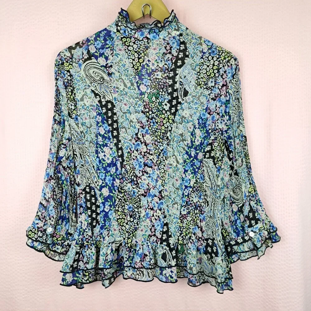 Agora Blouse Ruffle Long Sleeve Lightweight Size PL Floral Micro Print Petite